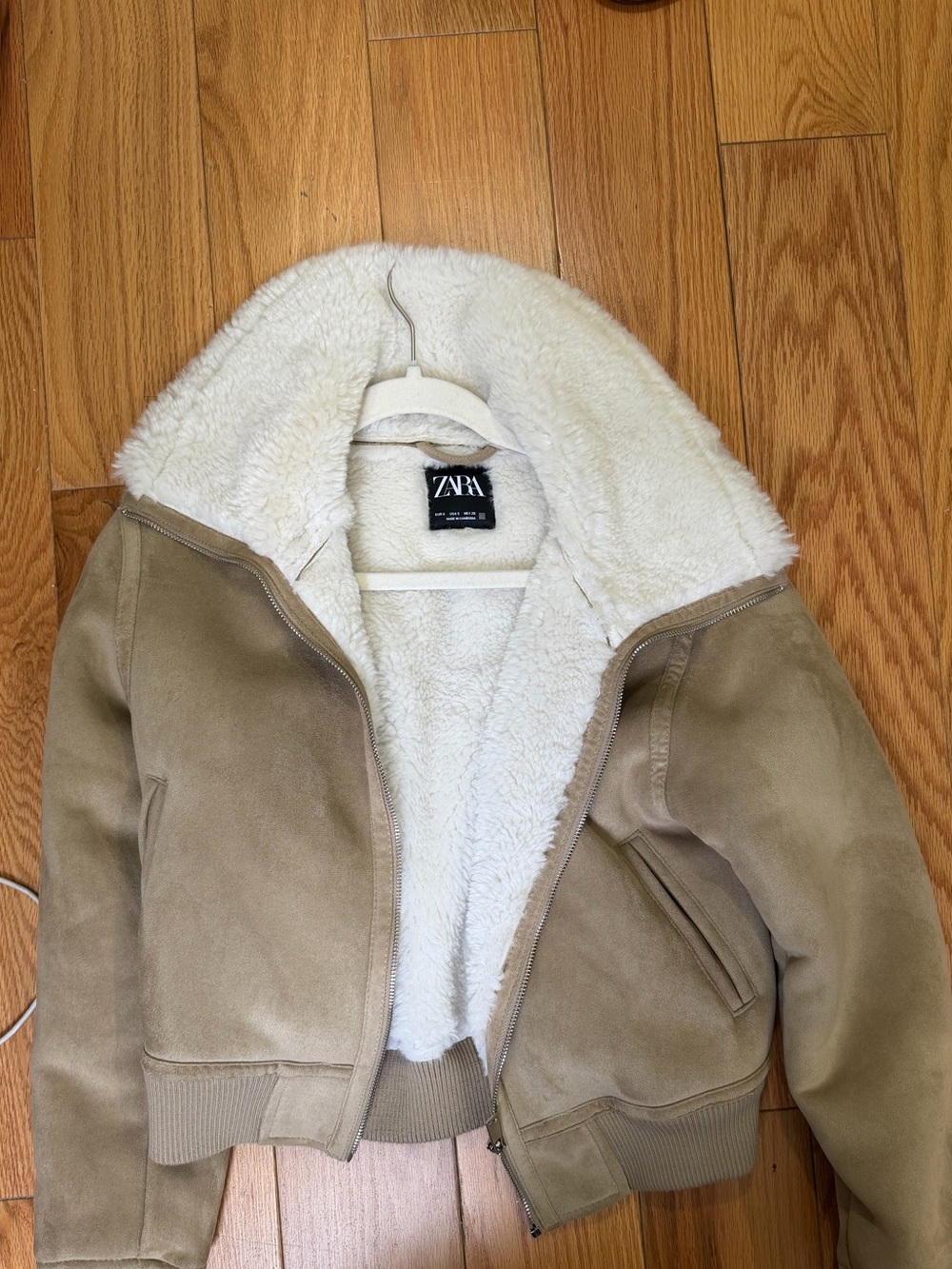 Zara Tan Bomber Jacket with Cream Faux-Shearling Lining